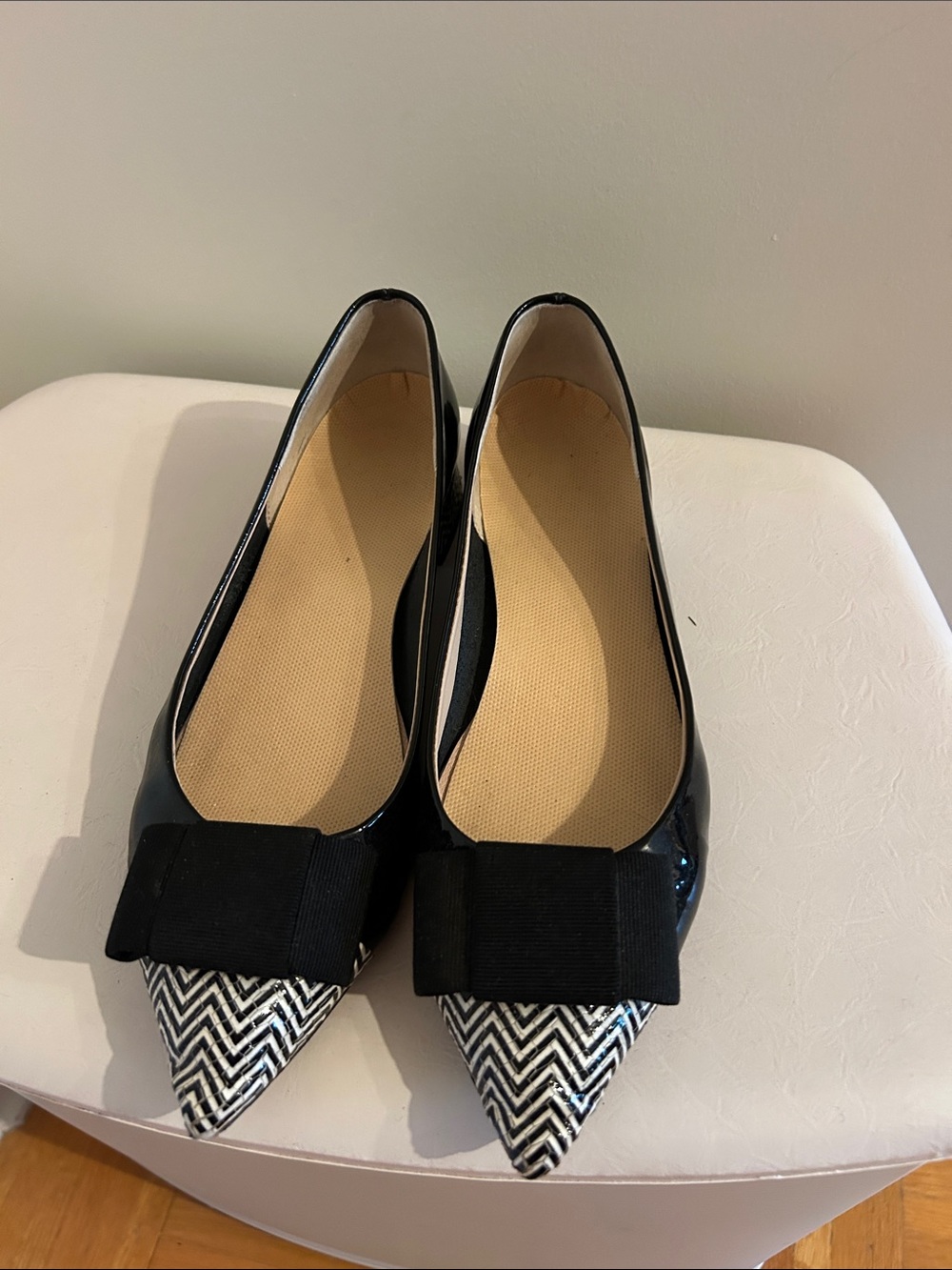 Black Pointed Toe Flats with Bow and Chevron Accent